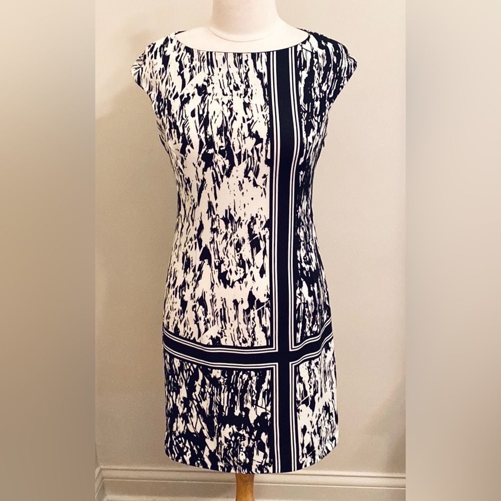 London Times Black Off White Abstract SZ 8 Retro Modern Office Chic Dress